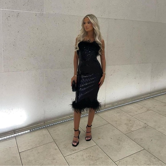 GORGEOUS NEW SEASON Lavish Alice Bandeau Dress with Feather Trim in Black Sequin - Picture 11 of 11